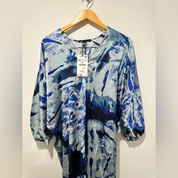 ▫️Zara▫️NWT Blue Tie Dye Print Kaftan Dress - Picture 3 of 4